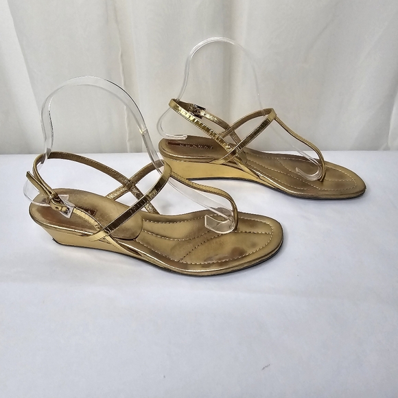 Prada Gold Leather T-Strap Wedge Sandals Size 38 - Picture 4 of 11
